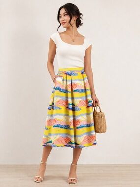 🌺 Emily and Fin Faye Midi Skirt in Yellow Multi Print
